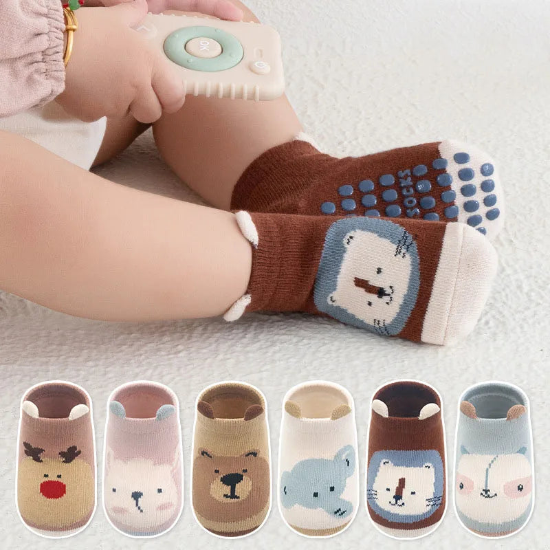 Toosly 6 pares crianças meias de algodão antiderrapante meninos e meninas bonito dos desenhos animados animal estampado confortável respirável meias de chão do bebê