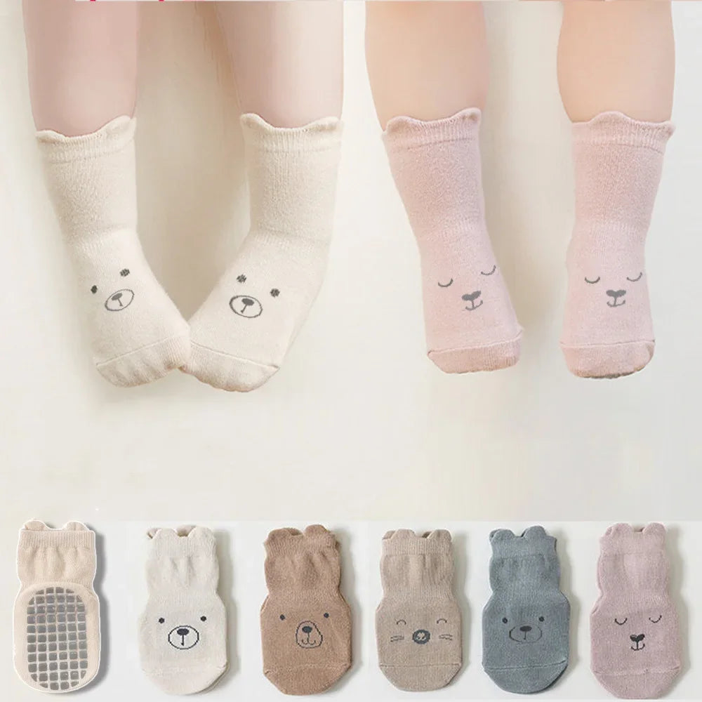 Toosly 5 pares/lote bebê antiderrapante piso meia 5 colorido de urso impressão infantil menina meias de algodão sólido outono anti deslizamento crianças joelho meia