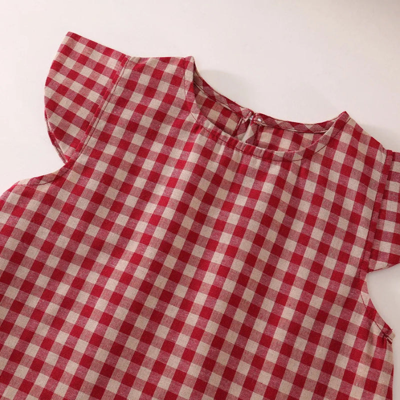 Toosly conjunto vestido menina pequena manga voadora vermelho xadrez conjunto 2025 verão novo estilo coreano calças de perna larga duas peças conjunto substituição cabelo