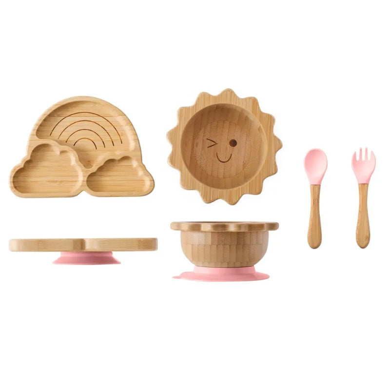 Toosly bebê Alimentação Louça Conjunto com Ventosas De Silicone, Kid Dinnerware, Placa De Bambu, Garfo, Colher, Copa, Suprimentos De Presente