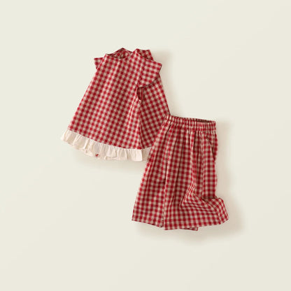 Toosly conjunto vestido menina pequena manga voadora vermelho xadrez conjunto 2025 verão novo estilo coreano calças de perna larga duas peças conjunto substituição cabelo