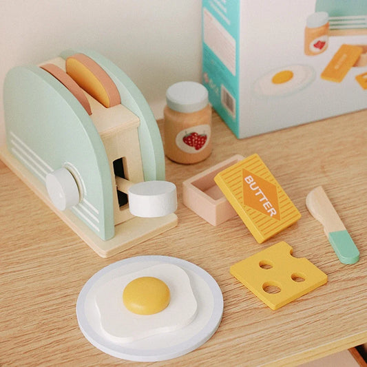Toosly torradeira de madeira brinquedo crianças kit máquina pão fingir jogar brinquedos cozinha conjunto café da manhã brinquedos educativos presentes para meninas meninos