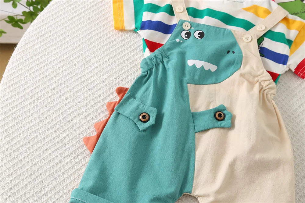 Toosly moda infantil meninos colorido listrado algodão manga curta/dinossauro dos desenhos animados verão 2025 macacão conjunto de duas peças 1