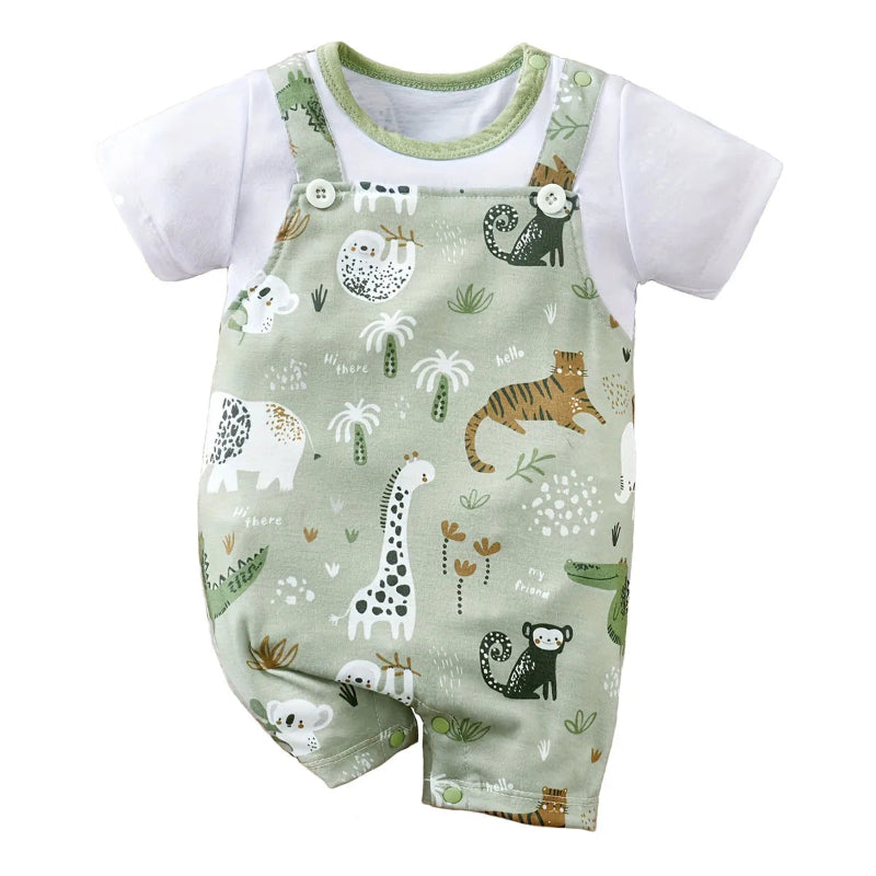 Toosly macacão infantil de estampa animal zoológico para bebê recém-nascido, bodysuit falso de duas peças com mangas curtas, casual, adorável