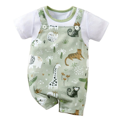 Toosly macacão infantil de estampa animal zoológico para bebê recém-nascido, bodysuit falso de duas peças com mangas curtas, casual, adorável
