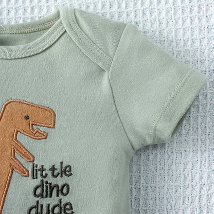 Toosly body de bebê de verão, 3 peças, conjunto de três peças com padrão de dinossauro de desenho animado e padrão de listra, design de botão para meninos de 0 a 9 meses
