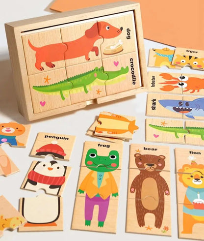 Toosly quebra-cabeça infantil dos desenhos animados forma animal correspondência quebra-cabeça, educação precoce do bebê inglês palavra cognição placa de quebra-cabeça, brinquedo de madeira