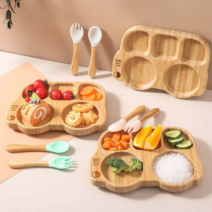 Toosly conjunto silicone bebê placa colher garfo conjuntos crianças alimentação conjunto de utensílios de mesa bpa livre de madeira produto comestível prato de jantar coisas do bebê