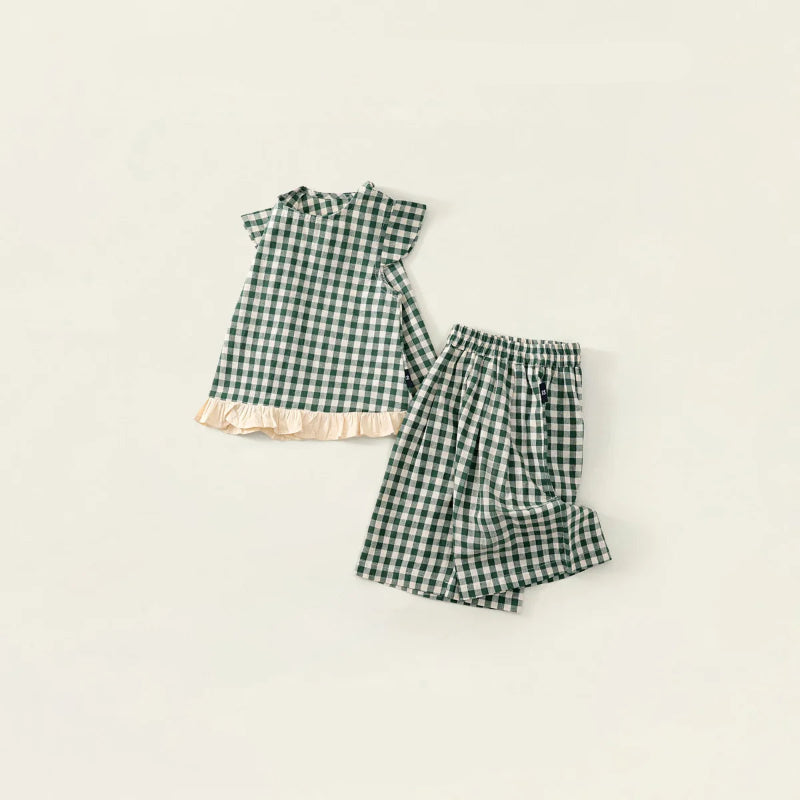 Toosly conjunto vestido menina pequena manga voadora vermelho xadrez conjunto 2025 verão novo estilo coreano calças de perna larga duas peças conjunto substituição cabelo