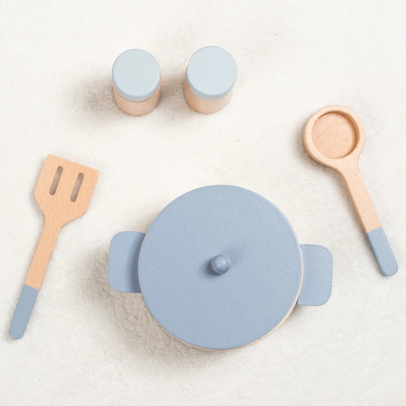 Toosly brinquedos de cozinha de simulação de madeira para crianças, brinquedos educativos para educação infantil, panelas e panelas de simulação, comida, chef de dramatização