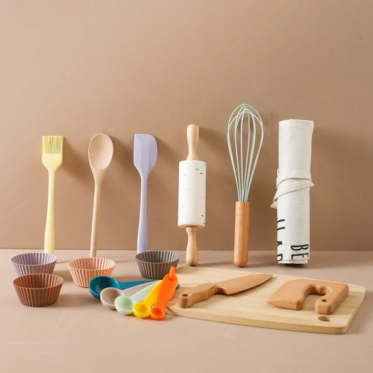 Conjunto de Utensílios de Cozinha de Madeira Toosly – brinquedo educativo Montessori para crianças, com acessórios de corte e brincar de casinha.