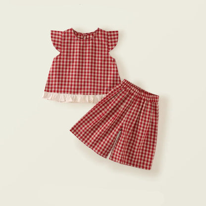 Toosly conjunto vestido menina pequena manga voadora vermelho xadrez conjunto 2025 verão novo estilo coreano calças de perna larga duas peças conjunto substituição cabelo
