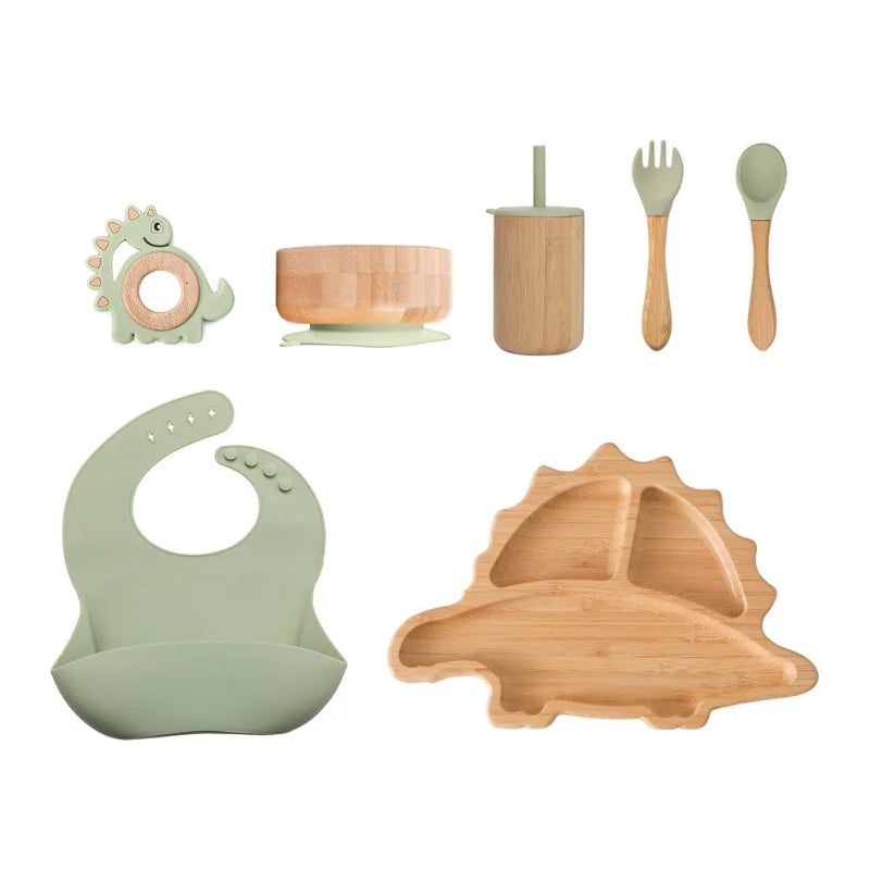 Toosly bebê Alimentação Louça Conjunto com Ventosas De Silicone, Kid Dinnerware, Placa De Bambu, Garfo, Colher, Copa, Suprimentos De Presente
