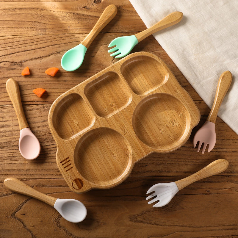 Toosly conjunto silicone bebê placa colher garfo conjuntos crianças alimentação conjunto de utensílios de mesa bpa livre de madeira produto comestível prato de jantar coisas do bebê