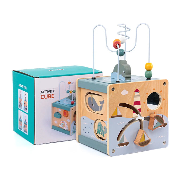 Toosly cubo de atividade de madeira para crianças 5 em 1, formato de animal, classificador de contas, labirinto montessori, brinquedos educativos para bebês de 6 a 12 meses, brinquedos de aprendizagem