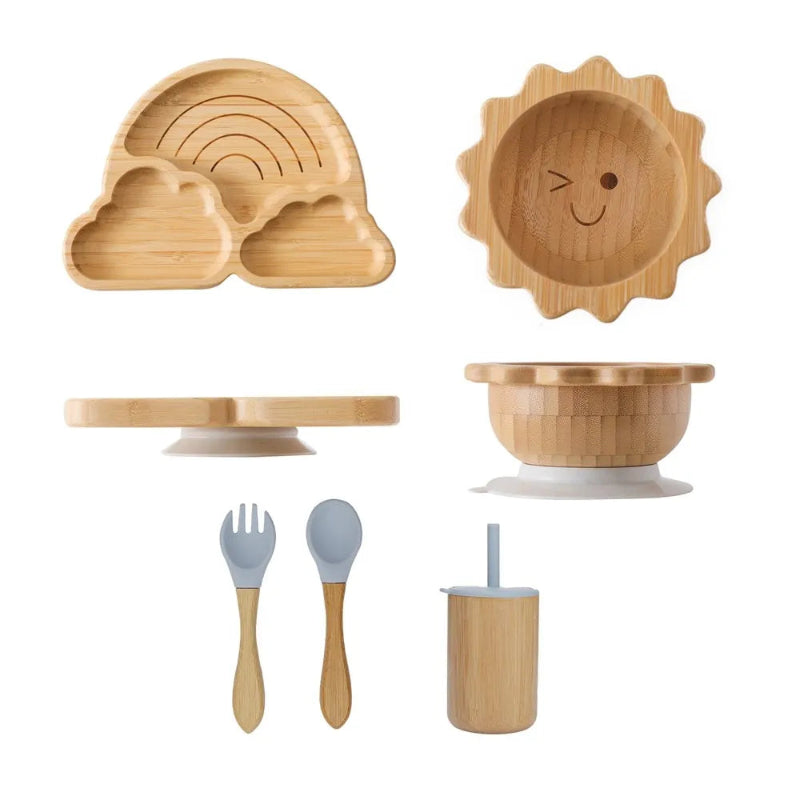 Toosly bebê Alimentação Louça Conjunto com Ventosas De Silicone, Kid Dinnerware, Placa De Bambu, Garfo, Colher, Copa, Suprimentos De Presente
