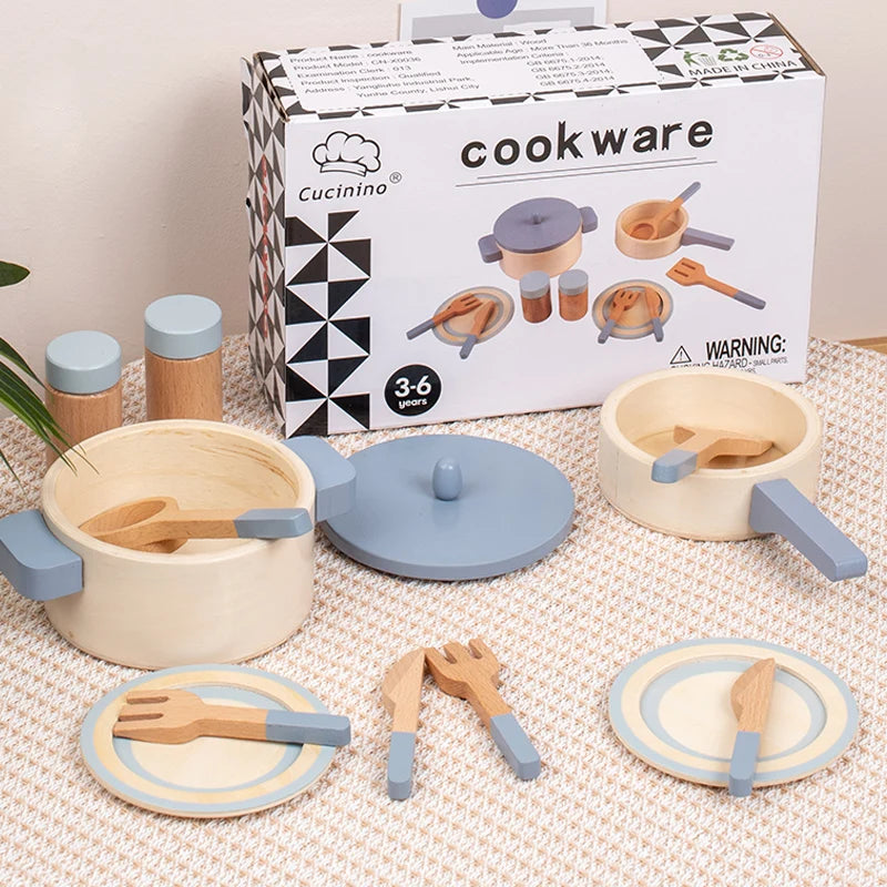 Toosly brinquedos de cozinha de simulação de madeira para crianças, brinquedos educativos para educação infantil, panelas e panelas de simulação, comida, chef de dramatização