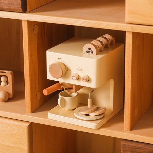 Toosly conjunto de brinquedos para máquina de café de bebê, suprimentos de cozinha de madeira, modelo de máquina de café para crianças, simulação de bolo de café, brinquedos de simulação com 10 peças