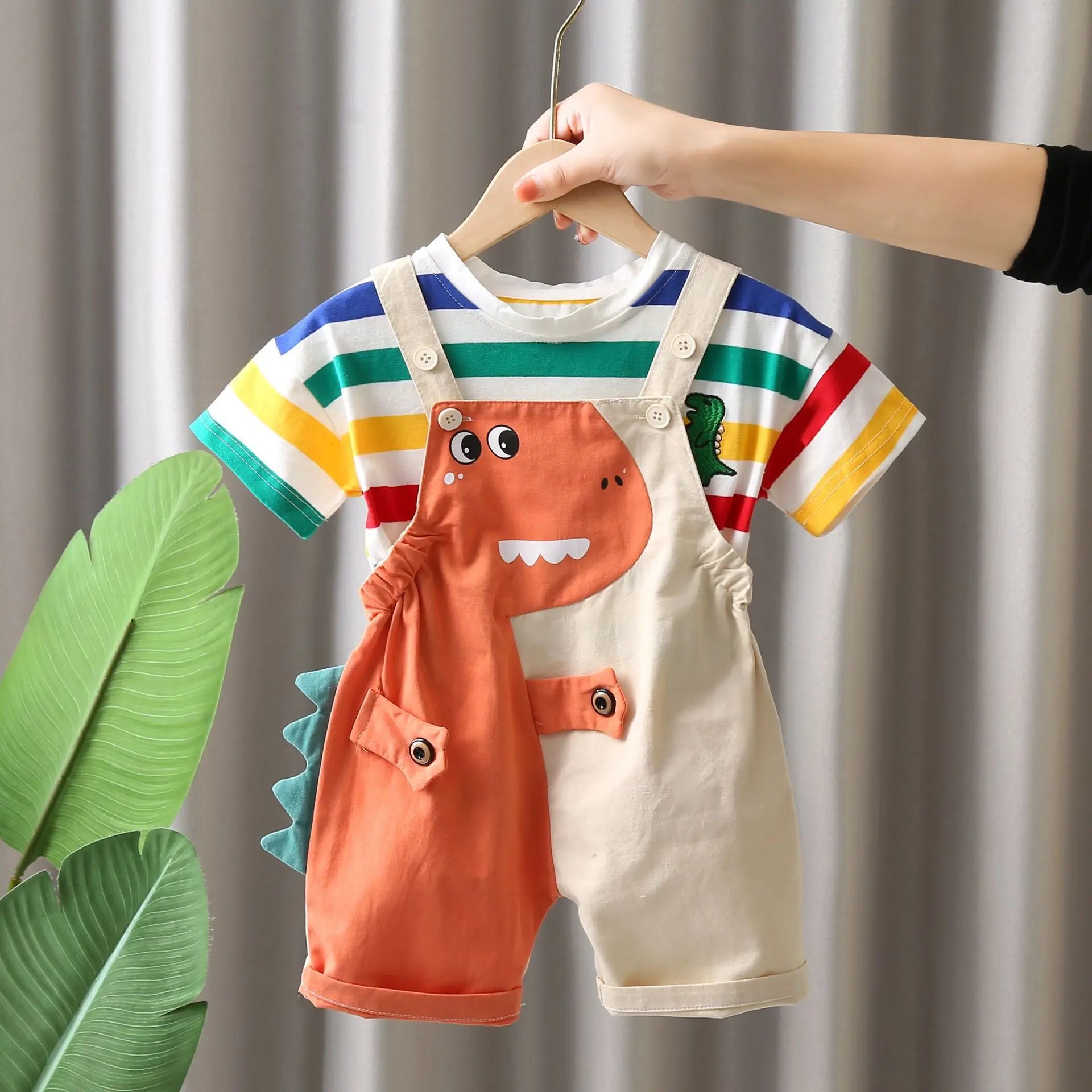 Toosly moda infantil meninos colorido listrado algodão manga curta/dinossauro dos desenhos animados verão 2025 macacão conjunto de duas peças 1