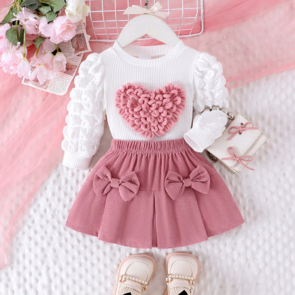 Toosly 2 peças inverno novo estilo para meninas de 0 a 3 anos, mangas de bolha confortáveis, doces e fofas, top de capítulo de amor + conjunto de saia curta rosa
