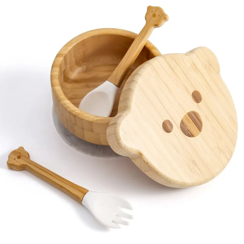 Toosly bebê Alimentação Louça Conjunto com Ventosas De Silicone, Kid Dinnerware, Placa De Bambu, Garfo, Colher, Copa, Suprimentos De Presente