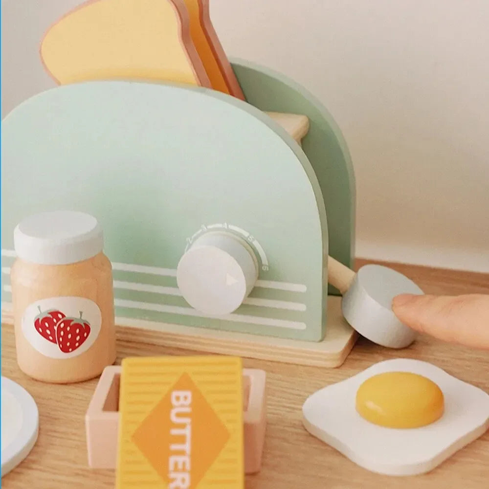 Toosly torradeira de madeira brinquedo crianças kit máquina pão fingir jogar brinquedos cozinha conjunto café da manhã brinquedos educativos presentes para meninas meninos