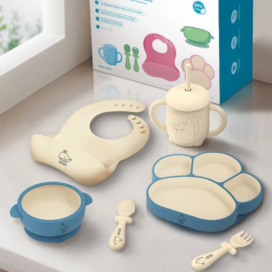 Mumjoy 6 pçs conjunto de pratos das crianças conjunto bebê silicone utensílios de mesa otário tigela babador copo garfo colher conjunto infantil suprimentos bpa livre