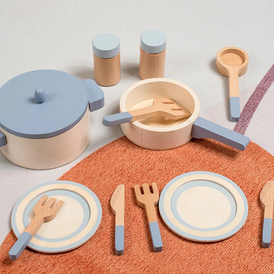 Toosly brinquedos de cozinha de simulação de madeira para crianças, brinquedos educativos para educação infantil, panelas e panelas de simulação, comida, chef de dramatização