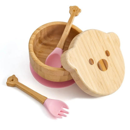 Toosly bebê Alimentação Louça Conjunto com Ventosas De Silicone, Kid Dinnerware, Placa De Bambu, Garfo, Colher, Copa, Suprimentos De Presente