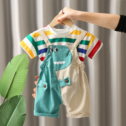 Toosly moda infantil meninos colorido listrado algodão manga curta/dinossauro dos desenhos animados verão 2025 macacão conjunto de duas peças 1