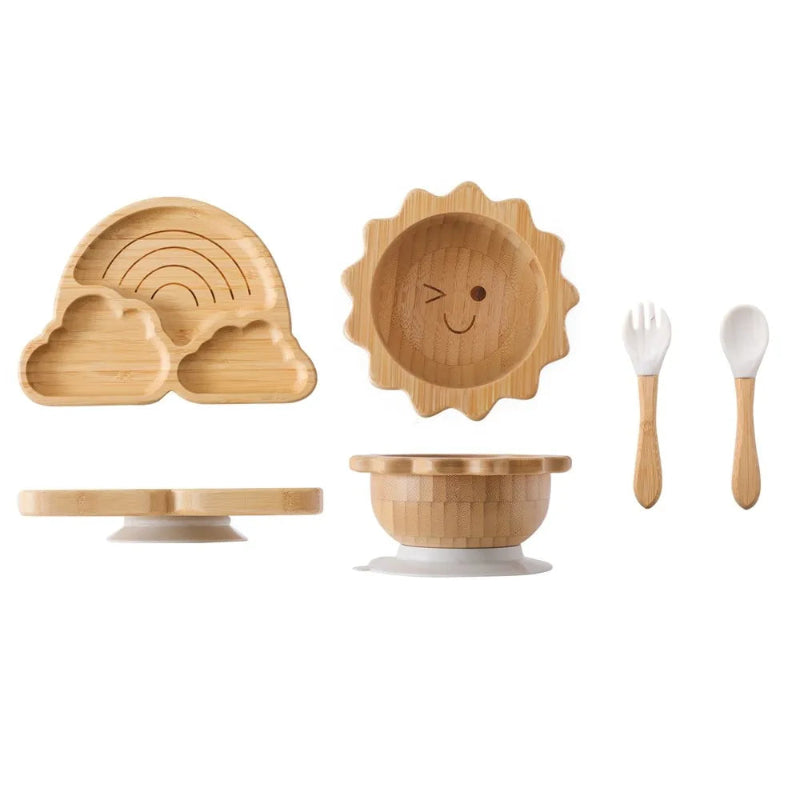 Toosly bebê Alimentação Louça Conjunto com Ventosas De Silicone, Kid Dinnerware, Placa De Bambu, Garfo, Colher, Copa, Suprimentos De Presente