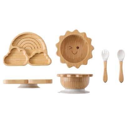 Toosly bebê Alimentação Louça Conjunto com Ventosas De Silicone, Kid Dinnerware, Placa De Bambu, Garfo, Colher, Copa, Suprimentos De Presente