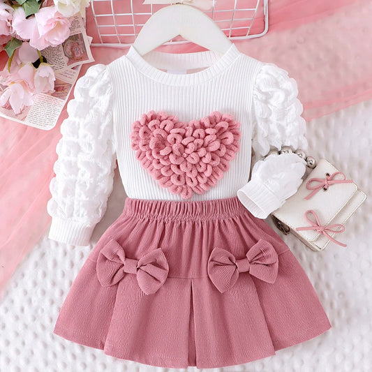 Toosly 2 peças inverno novo estilo para meninas de 0 a 3 anos, mangas de bolha confortáveis, doces e fofas, top de capítulo de amor + conjunto de saia curta rosa