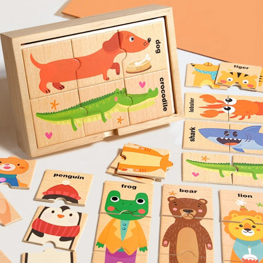 Toosly quebra-cabeça infantil dos desenhos animados forma animal correspondência quebra-cabeça, educação precoce do bebê inglês palavra cognição placa de quebra-cabeça, brinquedo de madeira