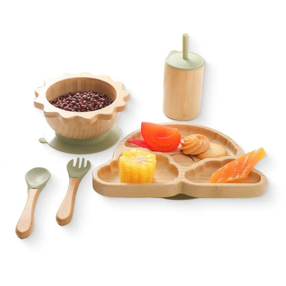 Toosly bebê Alimentação Louça Conjunto com Ventosas De Silicone, Kid Dinnerware, Placa De Bambu, Garfo, Colher, Copa, Suprimentos De Presente