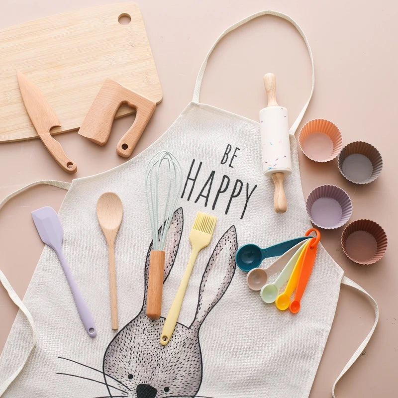 Conjunto de Utensílios de Cozinha de Madeira Toosly – brinquedo educativo Montessori para crianças, com acessórios de corte e brincar de casinha.
