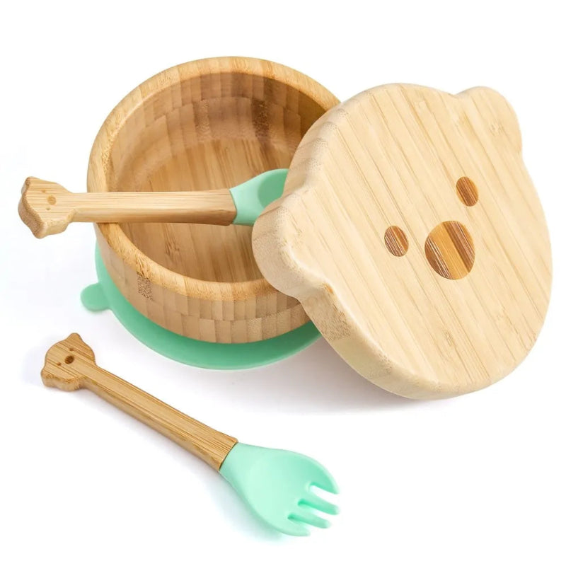 Toosly bebê Alimentação Louça Conjunto com Ventosas De Silicone, Kid Dinnerware, Placa De Bambu, Garfo, Colher, Copa, Suprimentos De Presente