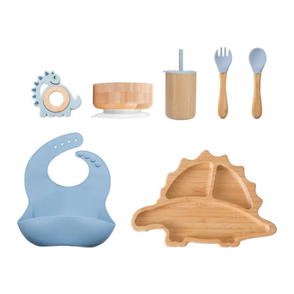 Toosly bebê Alimentação Louça Conjunto com Ventosas De Silicone, Kid Dinnerware, Placa De Bambu, Garfo, Colher, Copa, Suprimentos De Presente