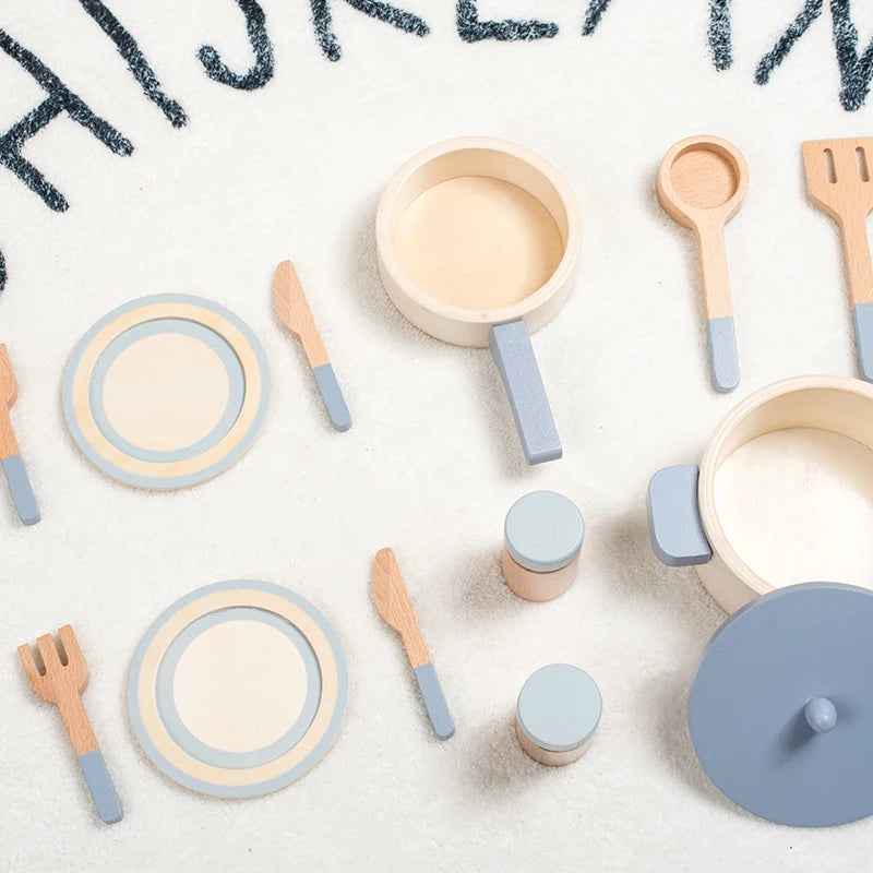 Toosly brinquedos de cozinha de simulação de madeira para crianças, brinquedos educativos para educação infantil, panelas e panelas de simulação, comida, chef de dramatização