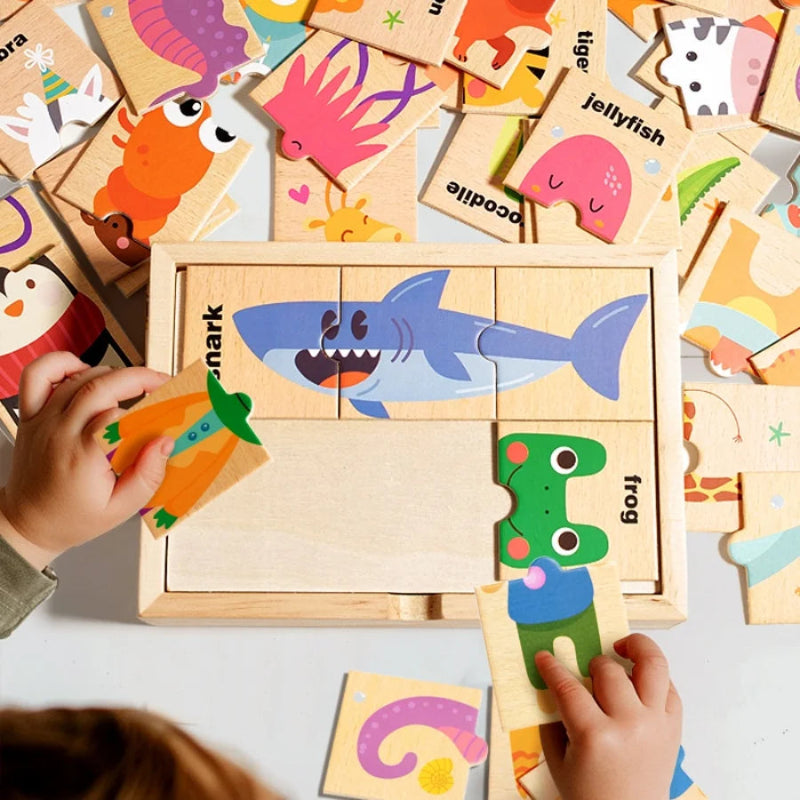 Toosly quebra-cabeça infantil dos desenhos animados forma animal correspondência quebra-cabeça, educação precoce do bebê inglês palavra cognição placa de quebra-cabeça, brinquedo de madeira
