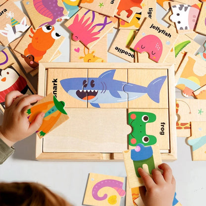 Toosly quebra-cabeça infantil dos desenhos animados forma animal correspondência quebra-cabeça, educação precoce do bebê inglês palavra cognição placa de quebra-cabeça, brinquedo de madeira