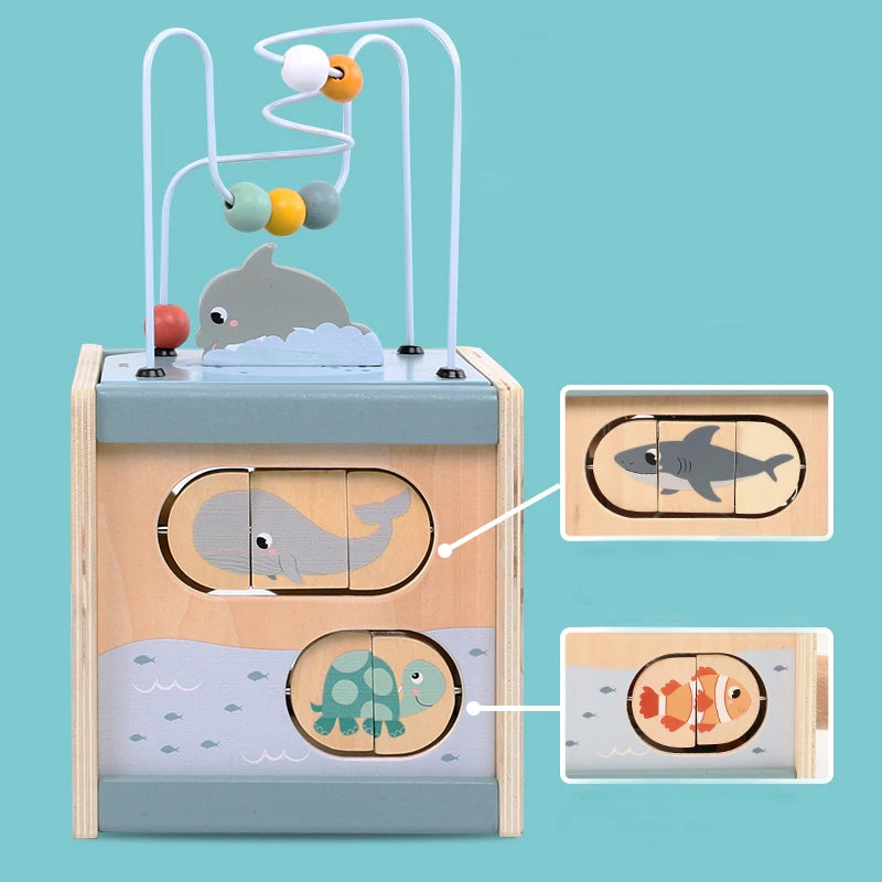 Toosly cubo de atividade de madeira para crianças 5 em 1, formato de animal, classificador de contas, labirinto montessori, brinquedos educativos para bebês de 6 a 12 meses, brinquedos de aprendizagem