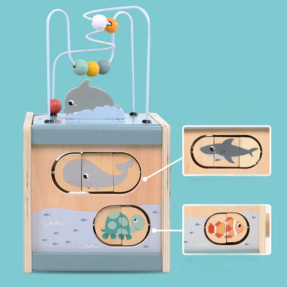 Toosly cubo de atividade de madeira para crianças 5 em 1, formato de animal, classificador de contas, labirinto montessori, brinquedos educativos para bebês de 6 a 12 meses, brinquedos de aprendizagem