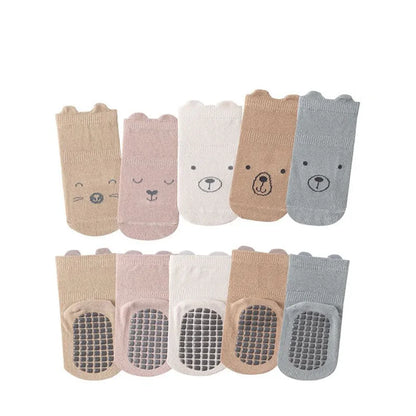 Toosly 5 pares/lote bebê antiderrapante piso meia 5 colorido de urso impressão infantil menina meias de algodão sólido outono anti deslizamento crianças joelho meia