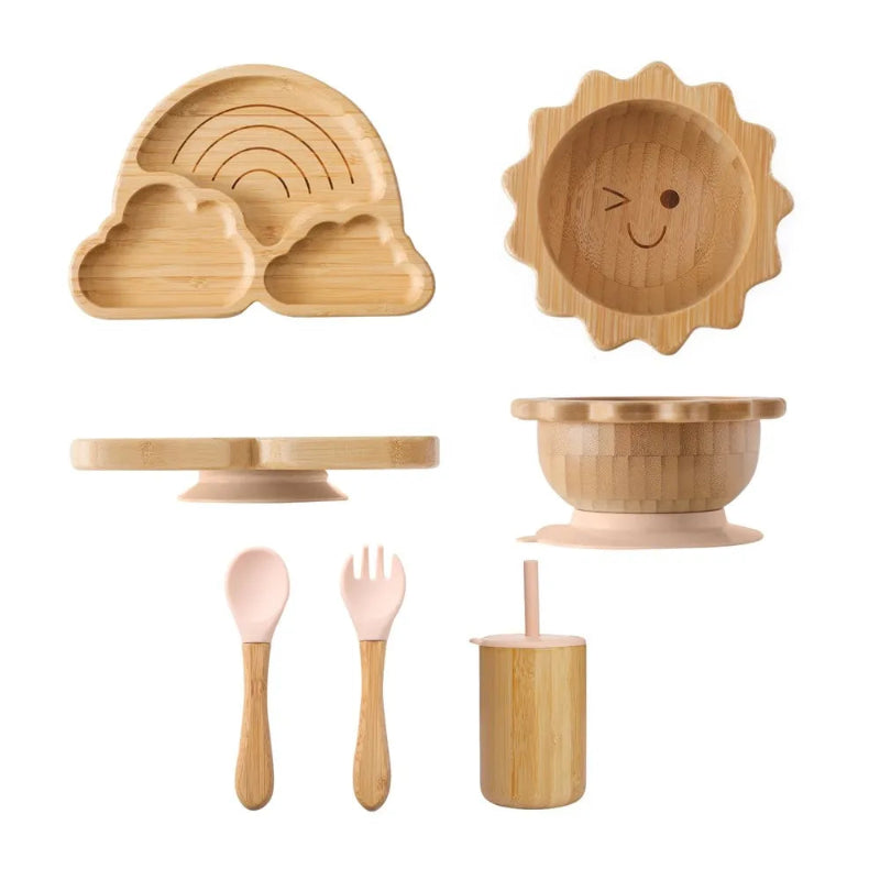 Toosly bebê Alimentação Louça Conjunto com Ventosas De Silicone, Kid Dinnerware, Placa De Bambu, Garfo, Colher, Copa, Suprimentos De Presente