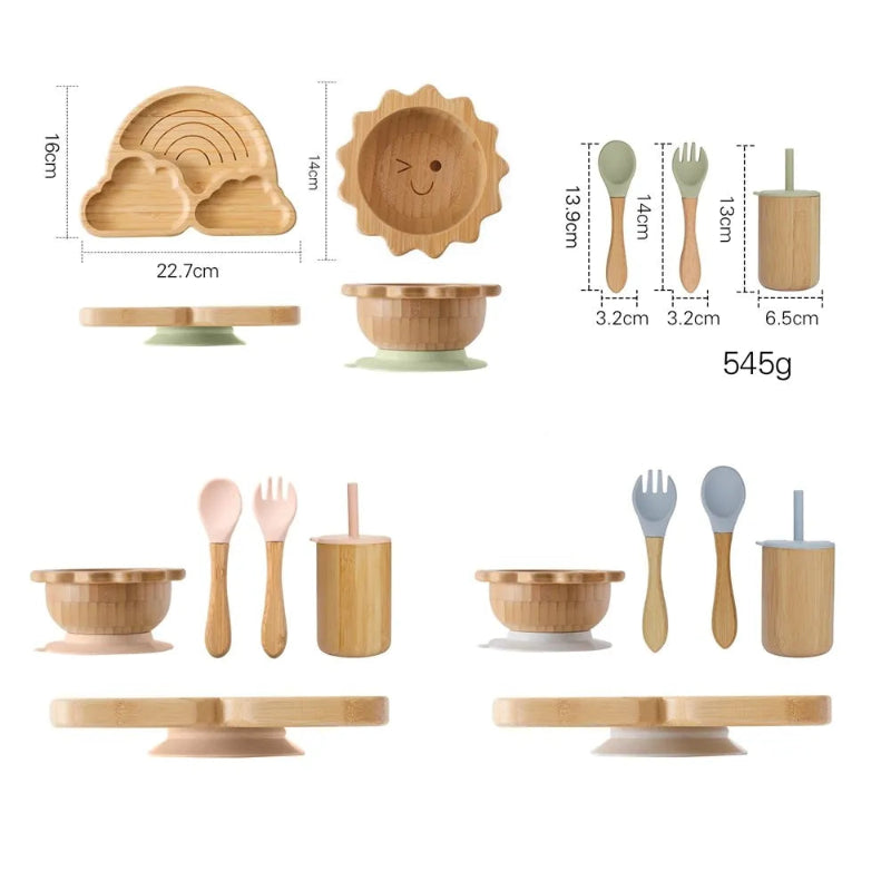 Toosly bebê Alimentação Louça Conjunto com Ventosas De Silicone, Kid Dinnerware, Placa De Bambu, Garfo, Colher, Copa, Suprimentos De Presente