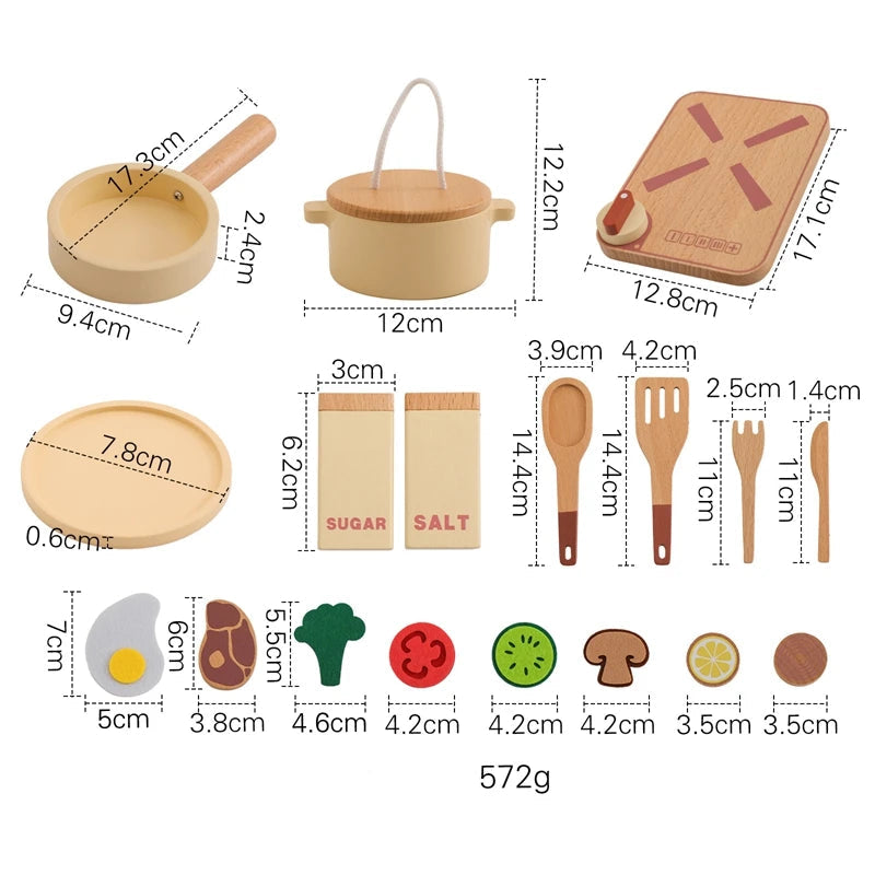 Conjunto de Utensílios de Cozinha de Madeira Toosly – brinquedo educativo Montessori para crianças, com acessórios de corte e brincar de casinha.