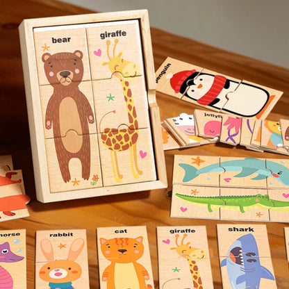 Toosly quebra-cabeça infantil dos desenhos animados forma animal correspondência quebra-cabeça, educação precoce do bebê inglês palavra cognição placa de quebra-cabeça, brinquedo de madeira