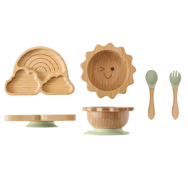 Toosly bebê Alimentação Louça Conjunto com Ventosas De Silicone, Kid Dinnerware, Placa De Bambu, Garfo, Colher, Copa, Suprimentos De Presente