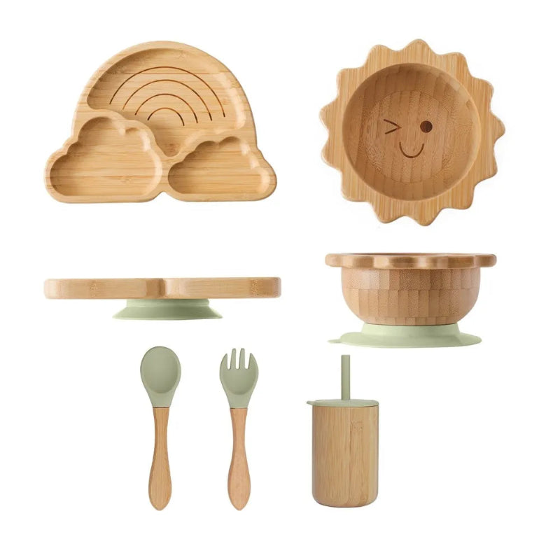 Toosly bebê Alimentação Louça Conjunto com Ventosas De Silicone, Kid Dinnerware, Placa De Bambu, Garfo, Colher, Copa, Suprimentos De Presente